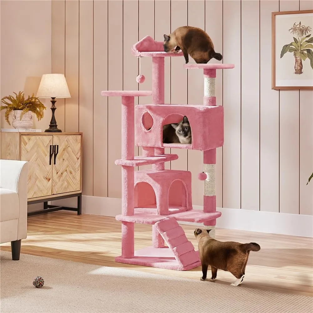 Yaheetech Albero Tiragraffi per Gatti 137 cm con 2 Palle in Sisal, Rosa - immagine 3