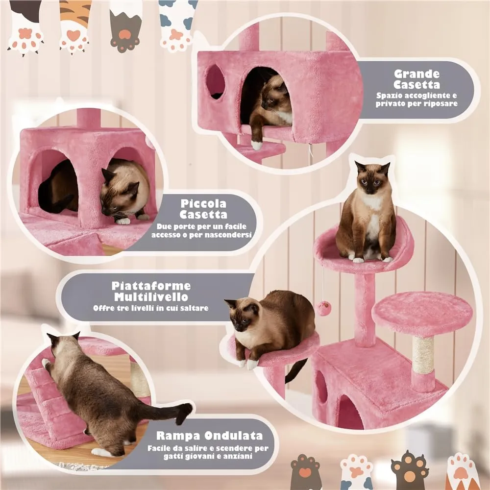 Yaheetech Albero Tiragraffi per Gatti 137 cm con 2 Palle in Sisal, Rosa - immagine 4