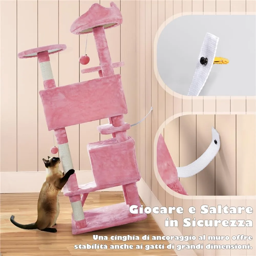 Yaheetech Albero Tiragraffi per Gatti 137 cm con 2 Palle in Sisal, Rosa - immagine 6