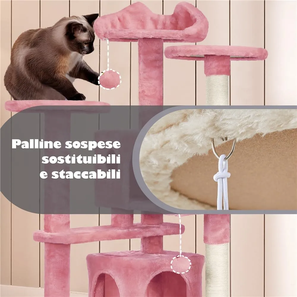 Yaheetech Albero Tiragraffi per Gatti 137 cm con 2 Palle in Sisal, Rosa - immagine 7