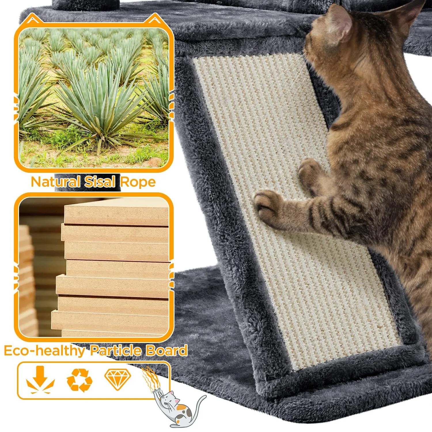 Yaheetech Albero Tiragraffi per Gatti in Sisal Naturale, 49 x 49 x 144,5 cm, Grigio Scuro - immagine 6