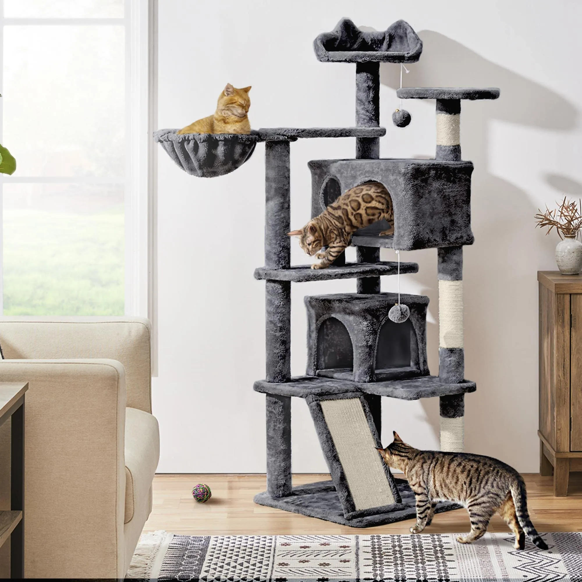Yaheetech Albero Tiragraffi per Gatti in Sisal Naturale, 49 x 49 x 144,5 cm, Grigio Scuro - immagine 9