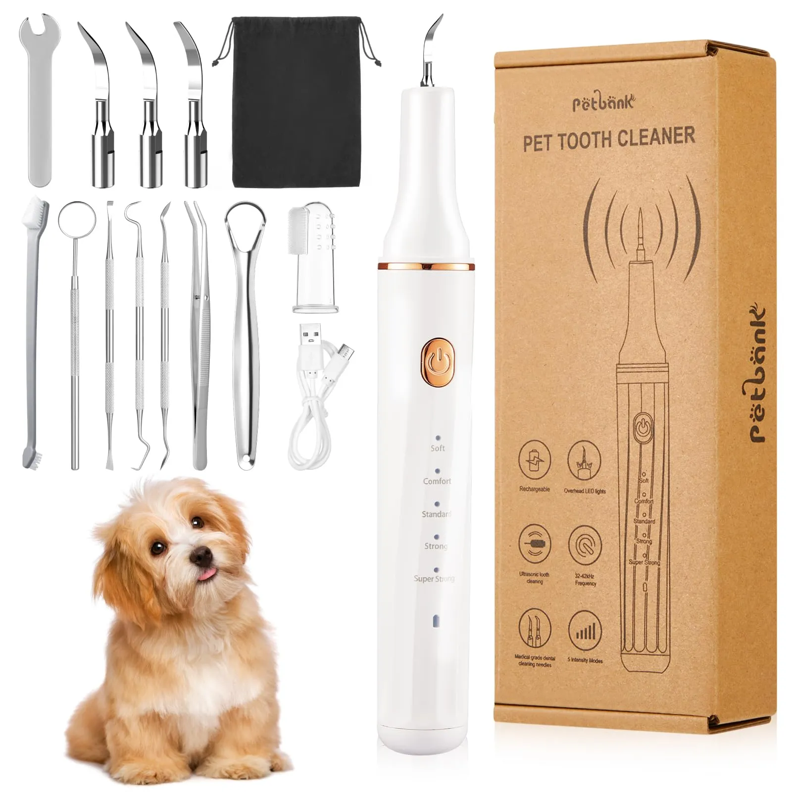 Petbank Kit Pulizia Denti Cane 14-in-1, Spazzolino Elettrico con Luce LED, 5 Modalità, USB Ricaricabile - immagine 1