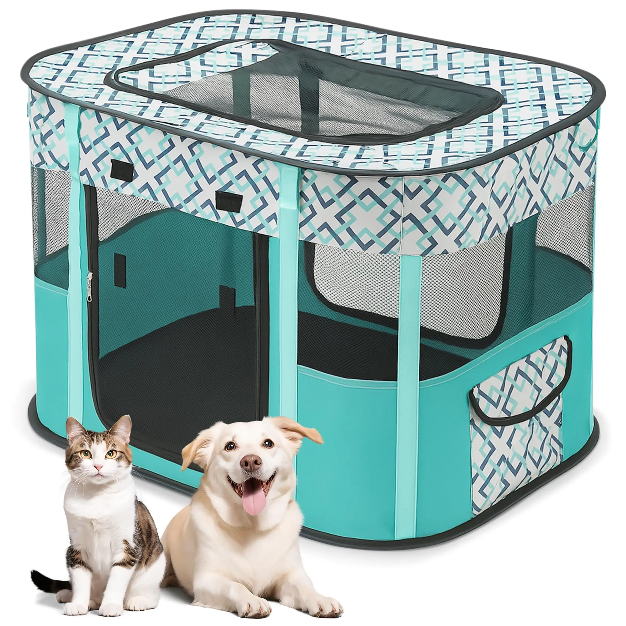 ALLSOPETS Recinto per Cani da Interno Pieghevole, Quadri Verdi, M - immagine 1
