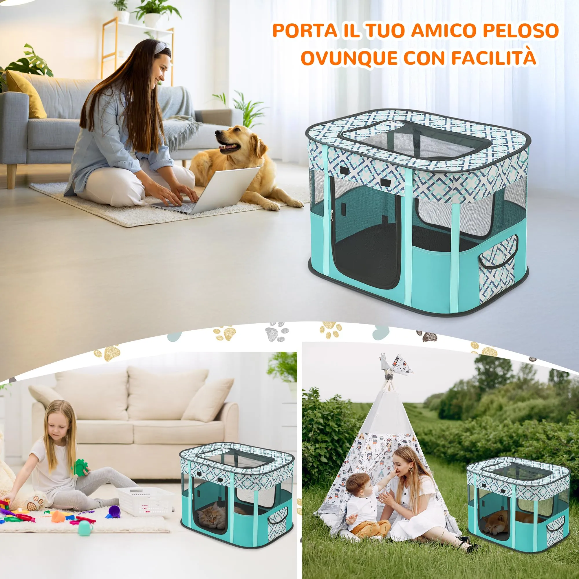 ALLSOPETS Recinto per Cani da Interno Pieghevole, Quadri Verdi, M - immagine 2