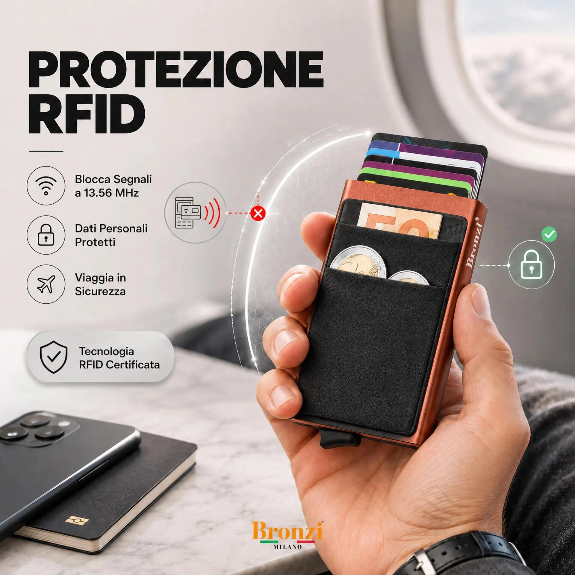 Bronzi Portafoglio Porta badge Slim Porta Carte di Credito Protezione RFID (Arancione-Nero) - immagine 4