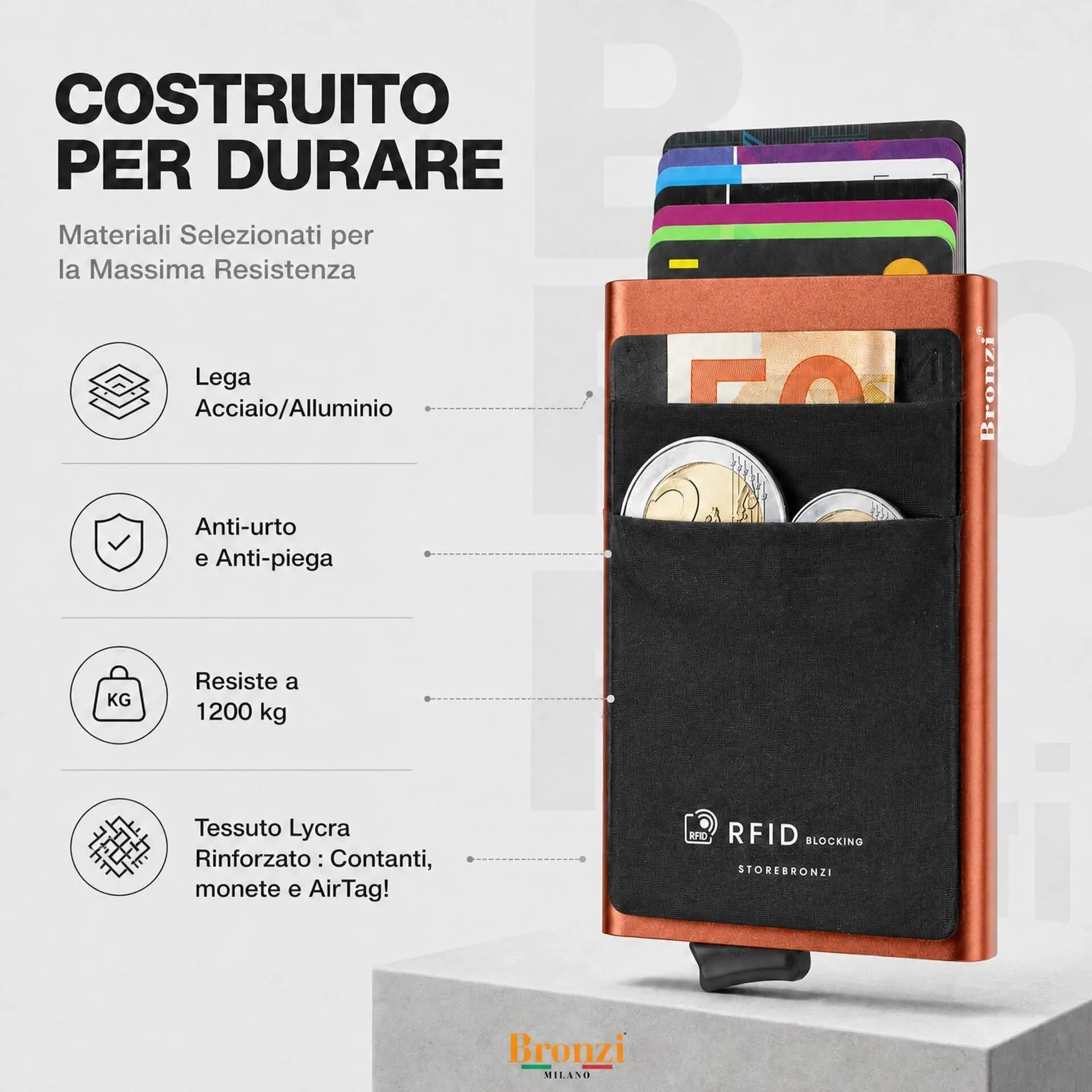 Bronzi Portafoglio Porta badge Slim Porta Carte di Credito Protezione RFID (Arancione-Nero) - immagine 5