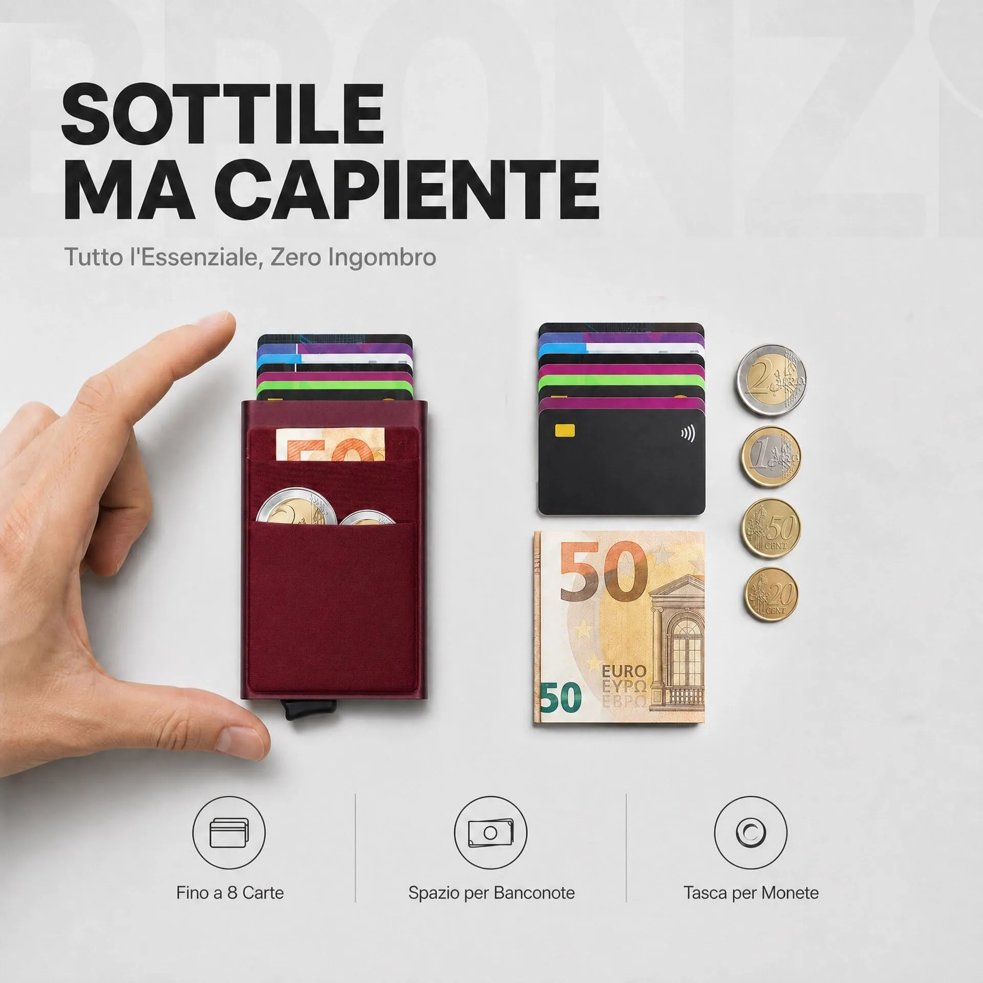 Bronzi Portafoglio Porta badge Slim con Protezione RFID (Rosso Vino) - immagine 2