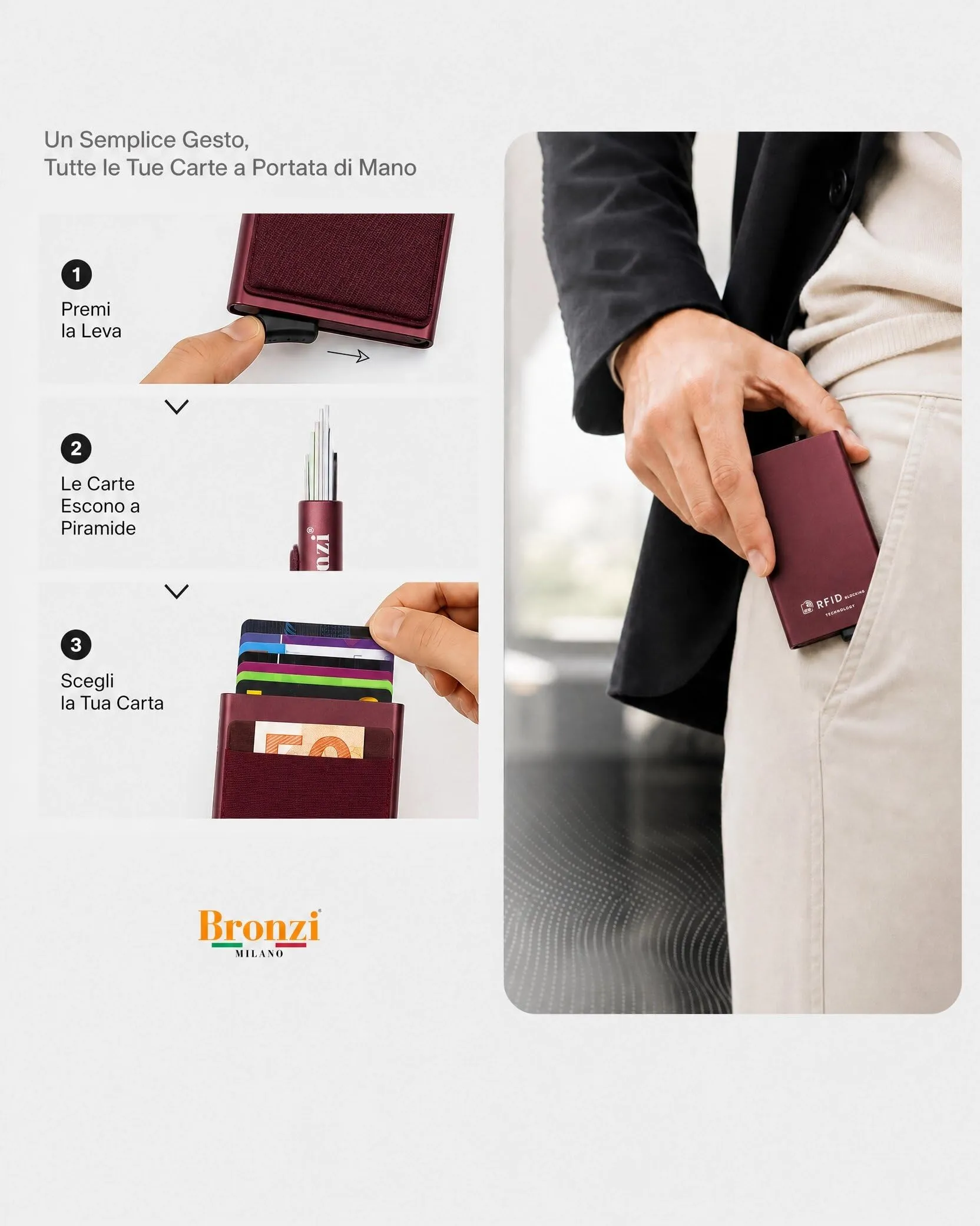 Bronzi Portafoglio Porta badge Slim con Protezione RFID (Rosso Vino) - immagine 3