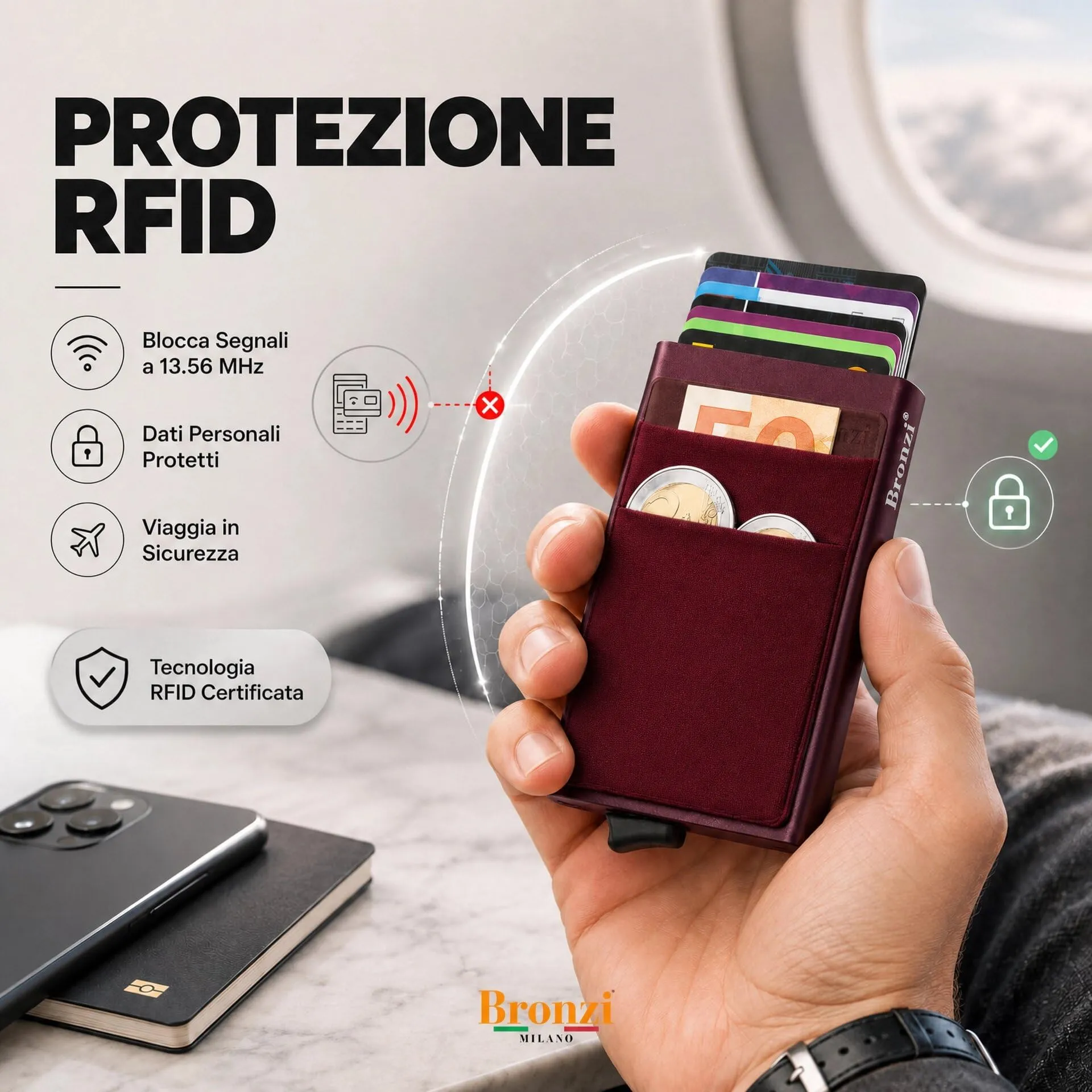 Bronzi Portafoglio Porta badge Slim con Protezione RFID (Rosso Vino) - immagine 4