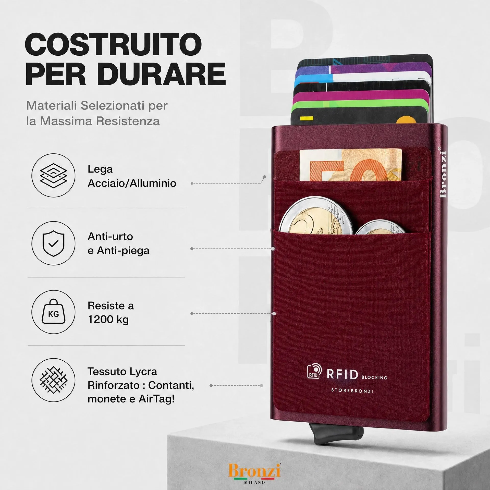 Bronzi Portafoglio Porta badge Slim con Protezione RFID (Rosso Vino) - immagine 5