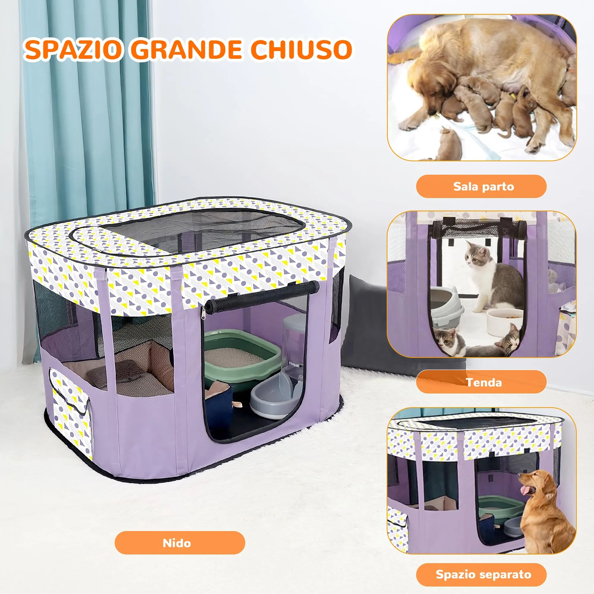 ALLSOPETS Recinto per Cani da Interno Pieghevole, Punti Viola, XL - immagine 3
