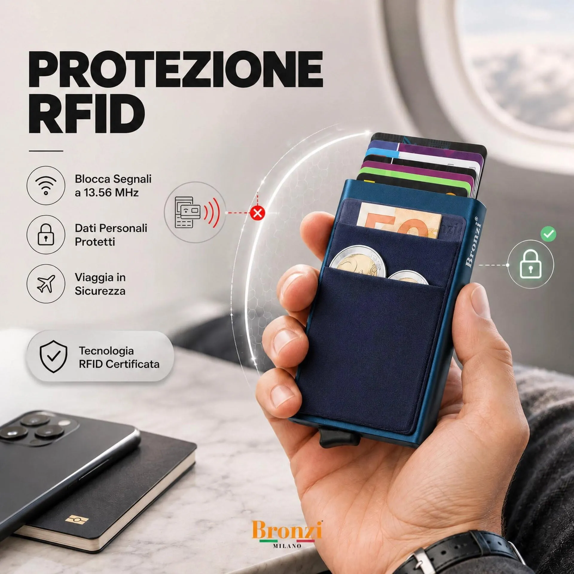 Bronzi Discovery Portafoglio Porta Badge Slim RFID Blu Mare - immagine 4