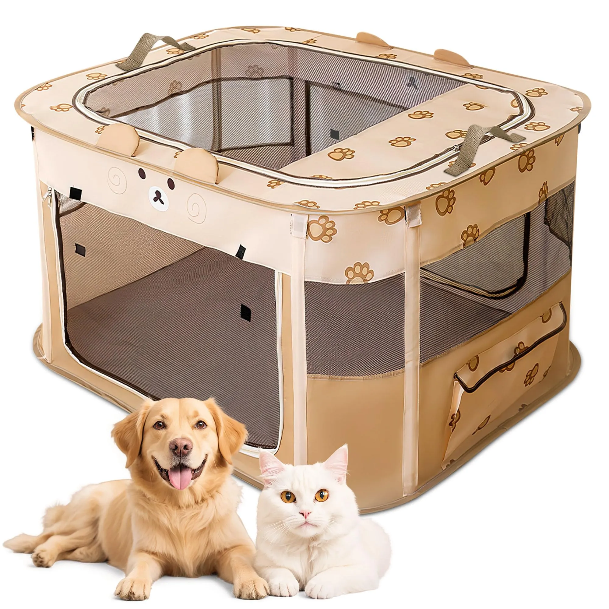 ALLSOPETS Recinto per Cani da Interno Pieghevole, Orso Marrone, XL - immagine 1