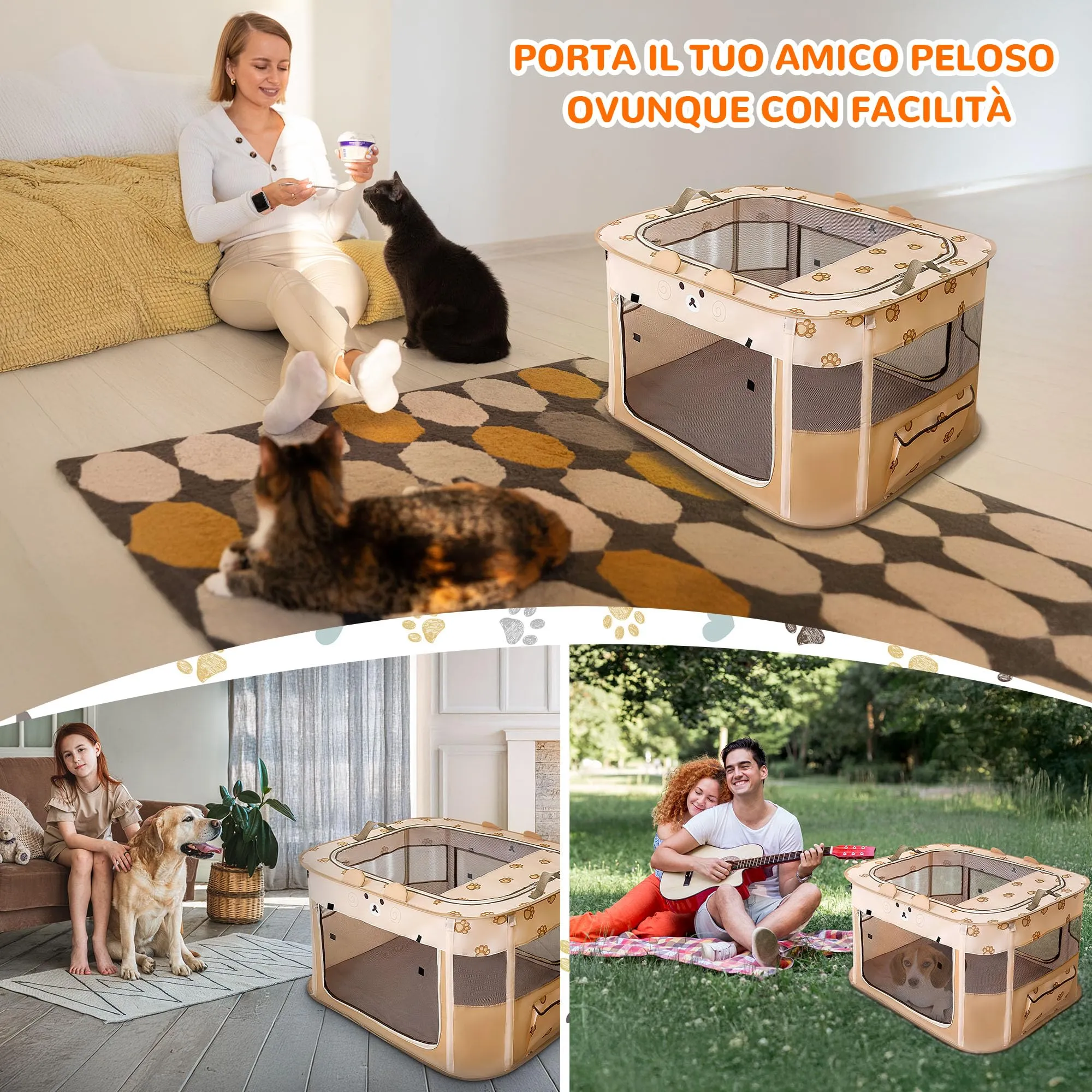 ALLSOPETS Recinto per Cani da Interno Pieghevole, Orso Marrone, XL - immagine 2