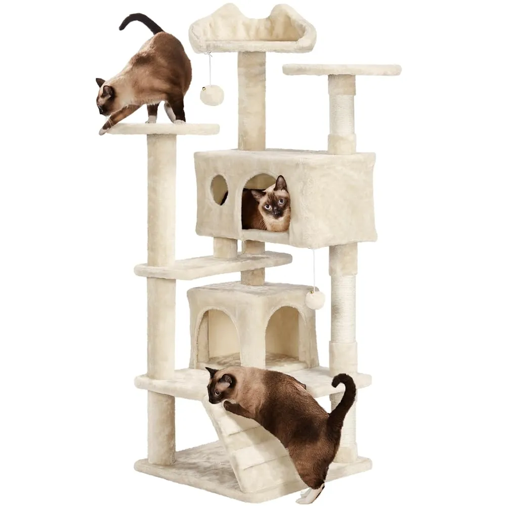 Yaheetech Albero Tiragraffi per Gatti 139 cm, 3 Pali Graffiatoi, 3 Posatoi, 2 Grotte, 2 Pompon in Peluche, Beige - immagine 1