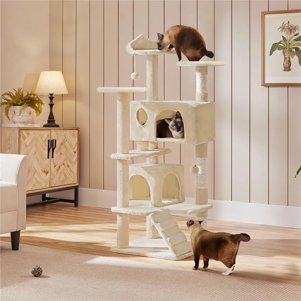 Yaheetech Albero Tiragraffi per Gatti 139 cm, 3 Pali Graffiatoi, 3 Posatoi, 2 Grotte, 2 Pompon in Peluche, Beige - immagine 3