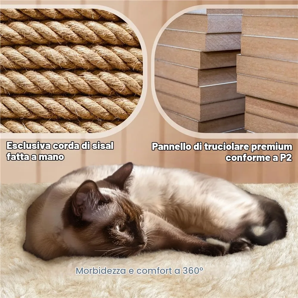 Yaheetech Albero Tiragraffi per Gatti 139 cm, 3 Pali Graffiatoi, 3 Posatoi, 2 Grotte, 2 Pompon in Peluche, Beige - immagine 5