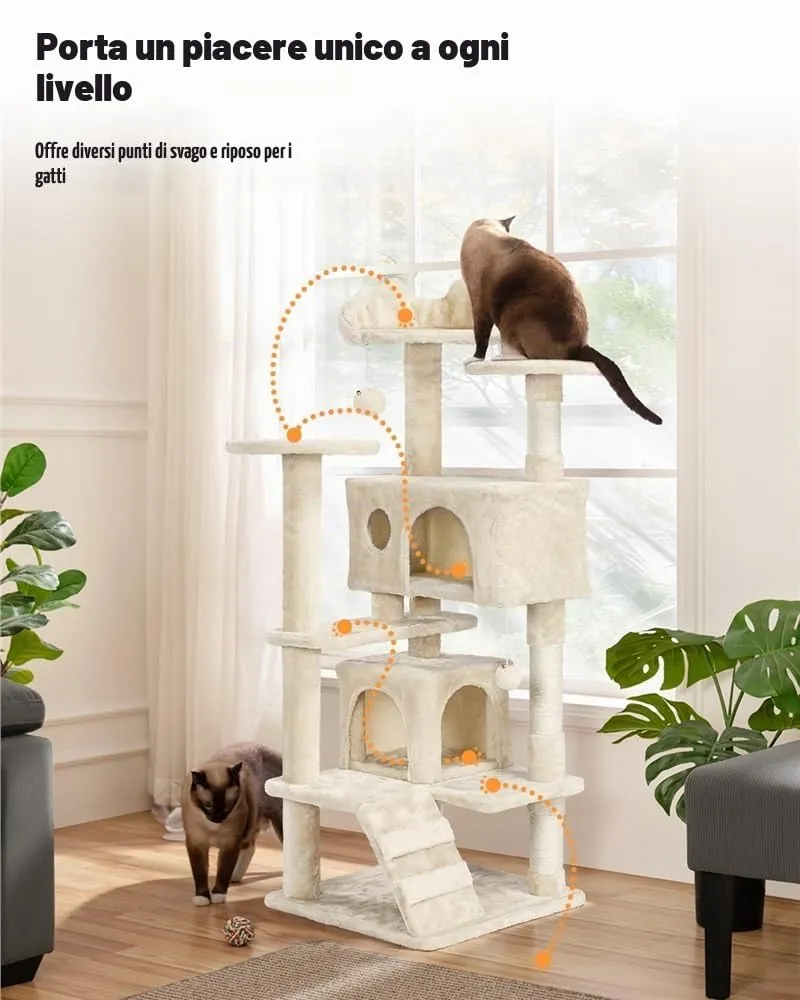 Yaheetech Albero Tiragraffi per Gatti 139 cm, 3 Pali Graffiatoi, 3 Posatoi, 2 Grotte, 2 Pompon in Peluche, Beige - immagine 6