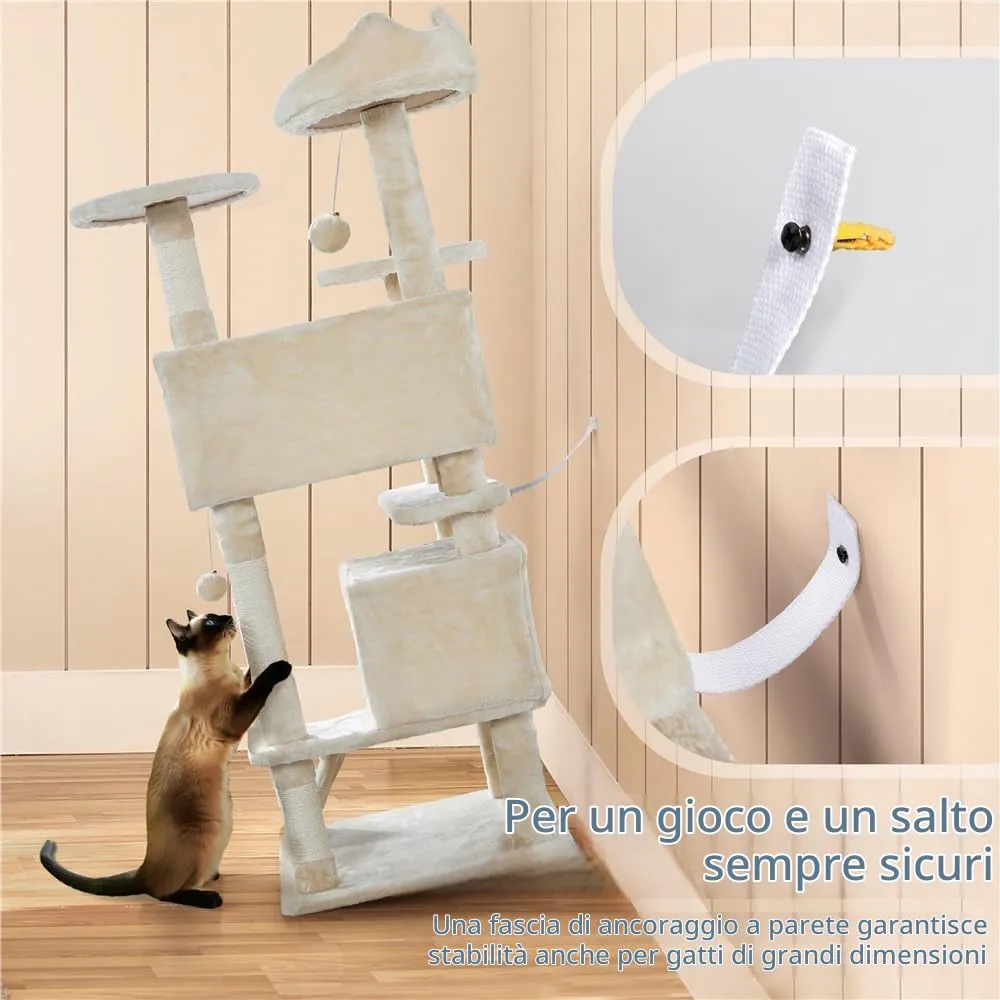 Yaheetech Albero Tiragraffi per Gatti 139 cm, 3 Pali Graffiatoi, 3 Posatoi, 2 Grotte, 2 Pompon in Peluche, Beige - immagine 7