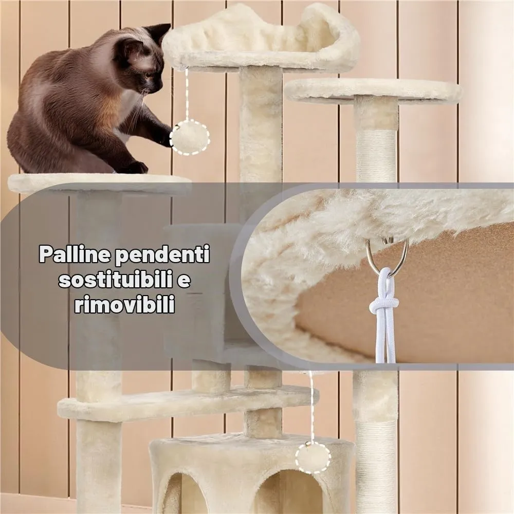 Yaheetech Albero Tiragraffi per Gatti 139 cm, 3 Pali Graffiatoi, 3 Posatoi, 2 Grotte, 2 Pompon in Peluche, Beige - immagine 8