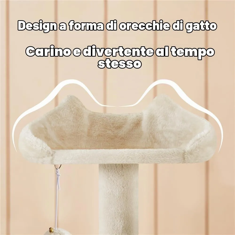Yaheetech Albero Tiragraffi per Gatti 139 cm, 3 Pali Graffiatoi, 3 Posatoi, 2 Grotte, 2 Pompon in Peluche, Beige - immagine 9