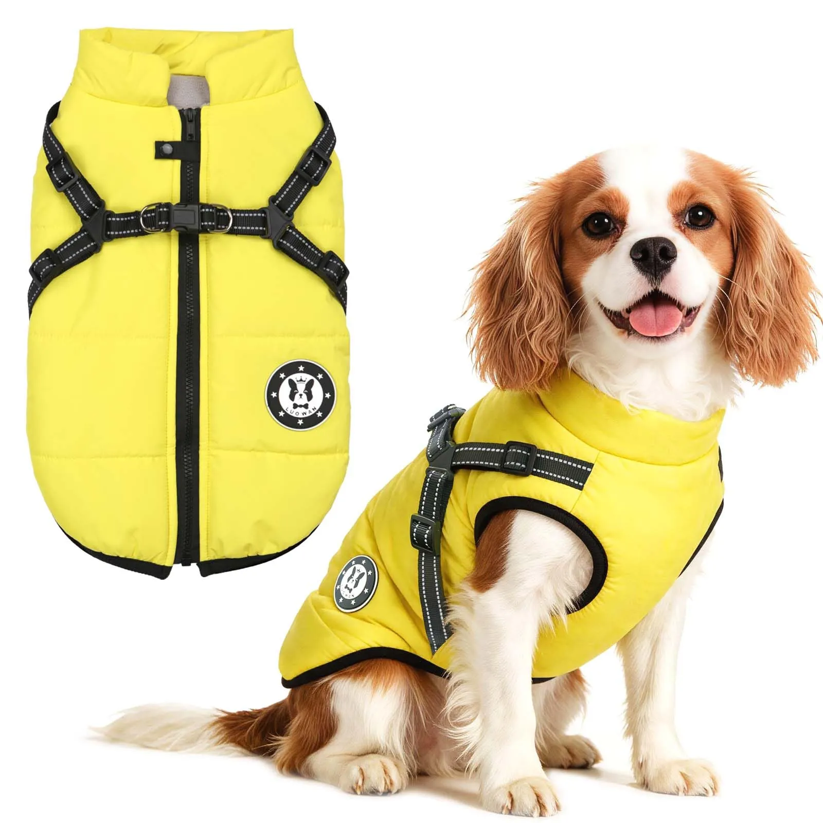 LUOWAN Cappotto Invernale Impermeabile per Cani con Imbracatura, Giallo, A pois, Taglia 16 - immagine 1