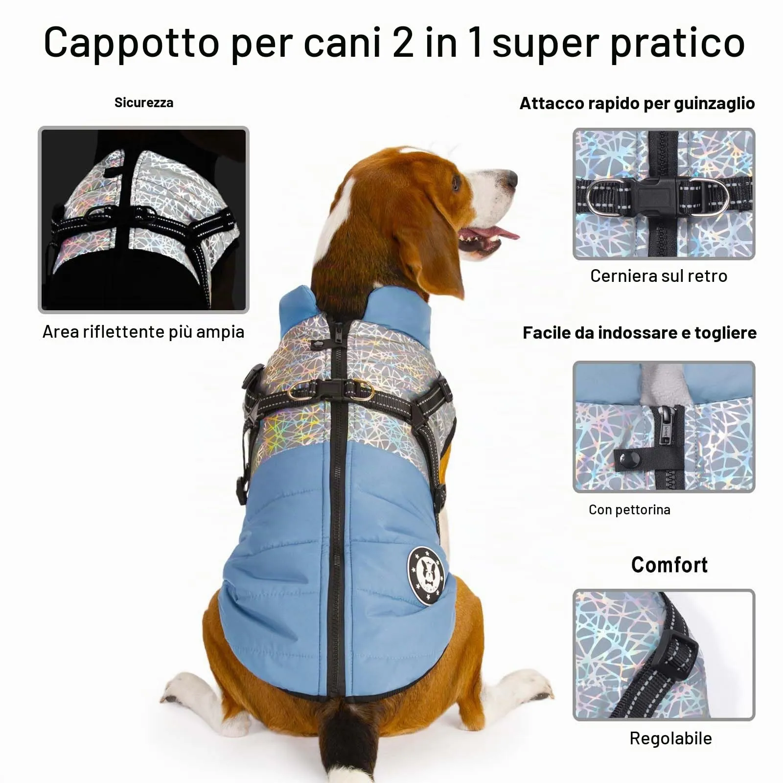 LUOWAN Cappotto Invernale Impermeabile per Cani con Imbracatura, Blu Riflettente - immagine 5