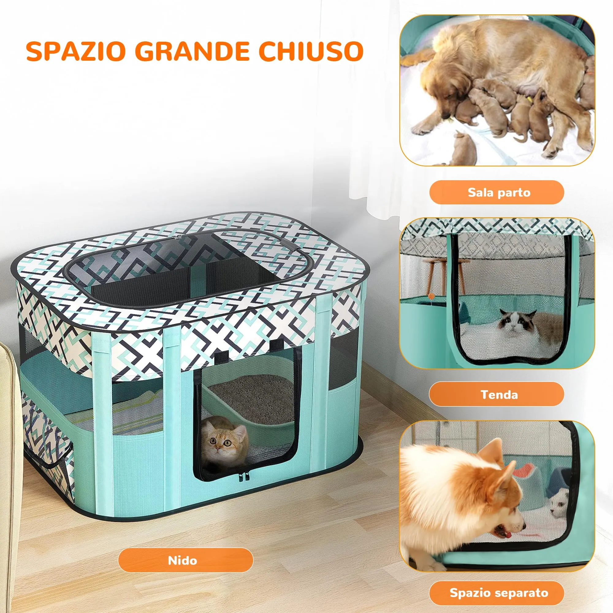 ALLSOPETS Recinto per Cani da Interno Pieghevole, Quadri Verdi, XXL - immagine 3