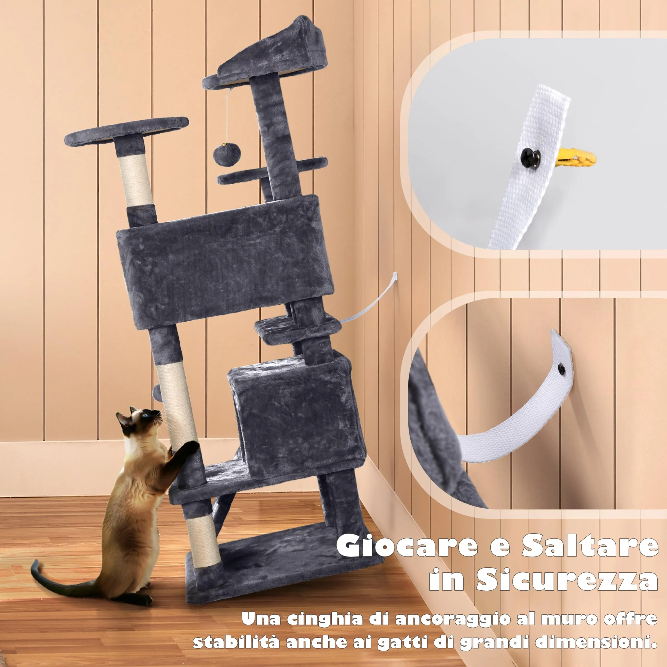 Yaheetech Albero Tiragraffi per Gatti Adulti 139 cm, Grigio Scuro - immagine 5
