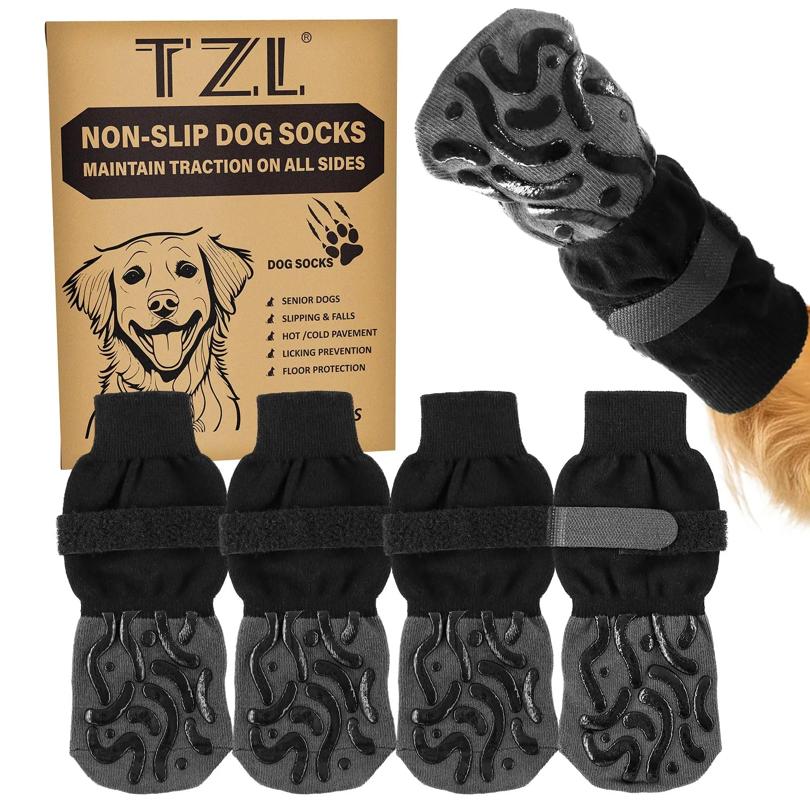 TZL Calzini Antiscivolo per Cani a Doppio Lato, Taglia L, Nero - immagine 1