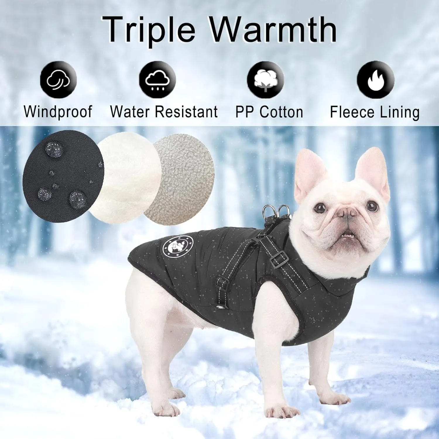 LUOWAN Cappotto Impermeabile per Cani con Imbracatura, Interno in Pile, Riflettente, Taglia XS, Nero - immagine 3