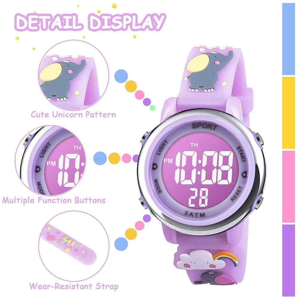 Vicloon Orologio Digitale per Bambini Unicorno Cartoni 3D Waterproof con Retroilluminazione a 7 Colori - immagine 3