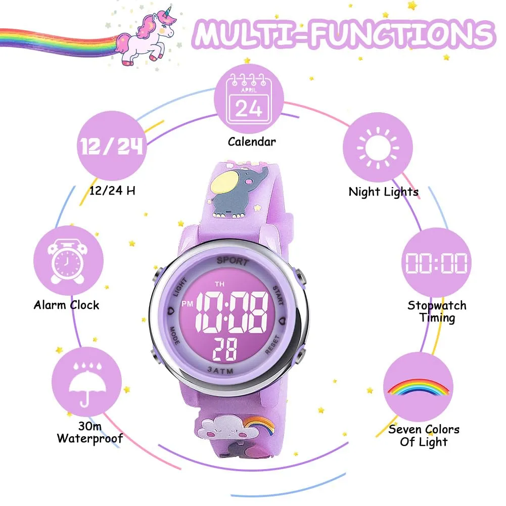Vicloon Orologio Digitale per Bambini Unicorno Cartoni 3D Waterproof con Retroilluminazione a 7 Colori - immagine 4