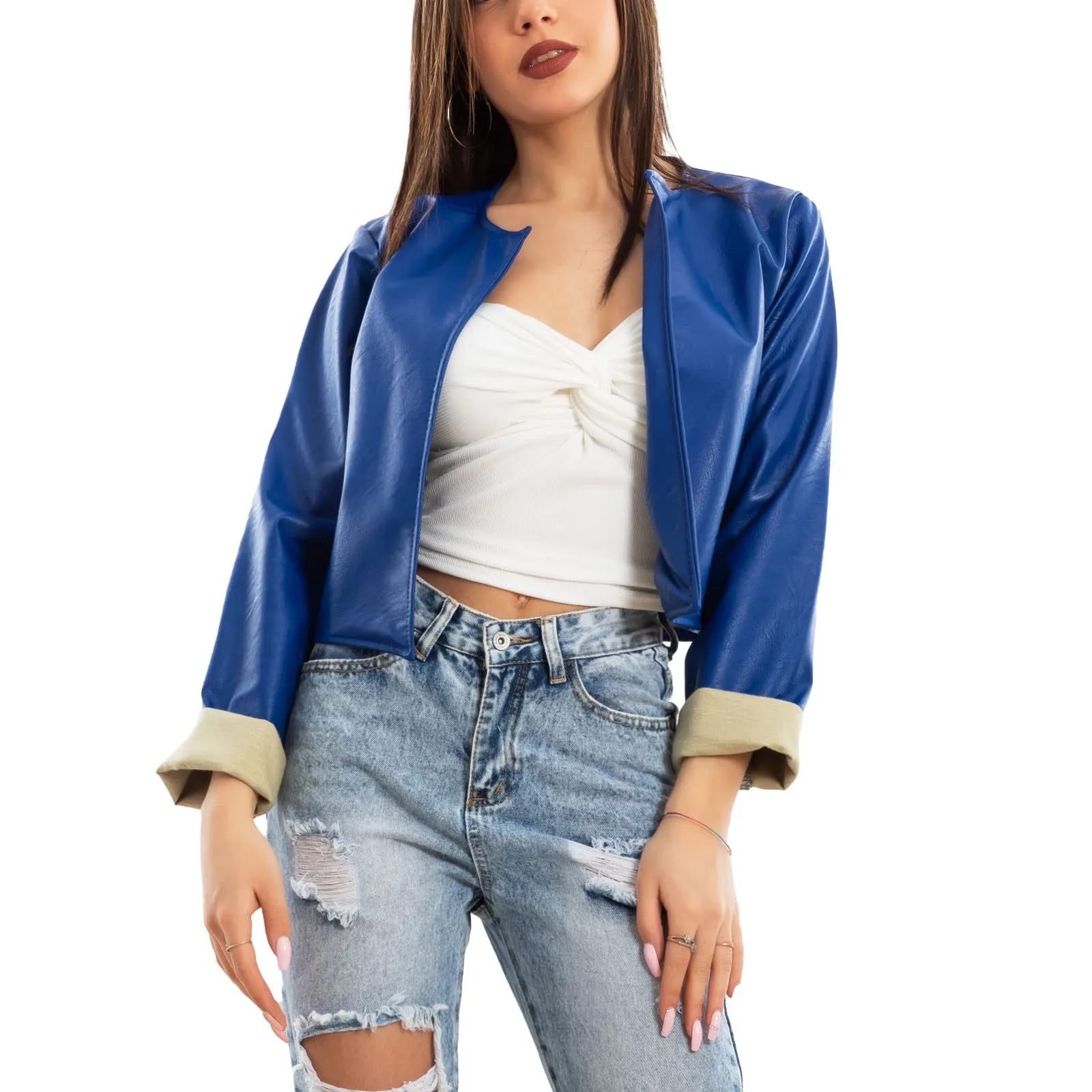 Toocool Giacca Bolero Donna Ecopelle JL-7860 - Blu Elettrico, M - immagine 1