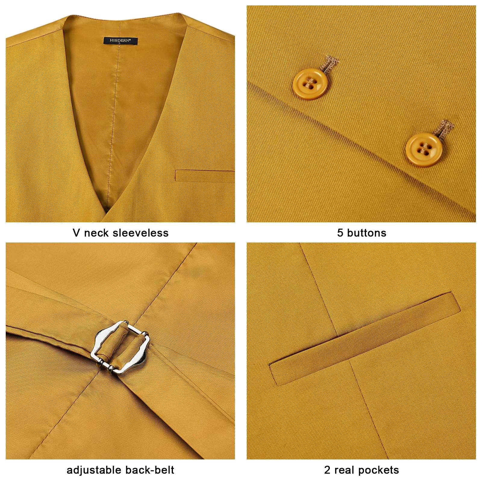 HISDERN Gilet Elegante Tinta Unita in Cotone per Uomo, Giallo Senape, XS - immagine 3