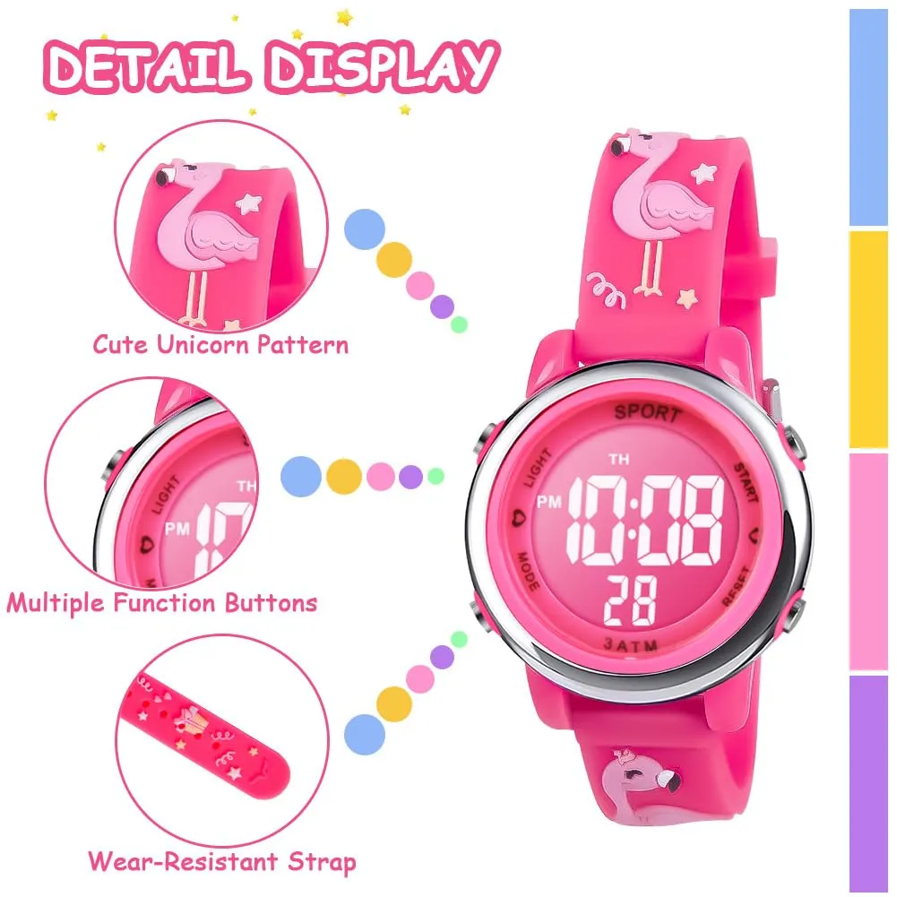 Vicloon Orologio Digitale per Bambini, Waterproof, Retroilluminazione a 7 Colori, Fenicottero - immagine 3