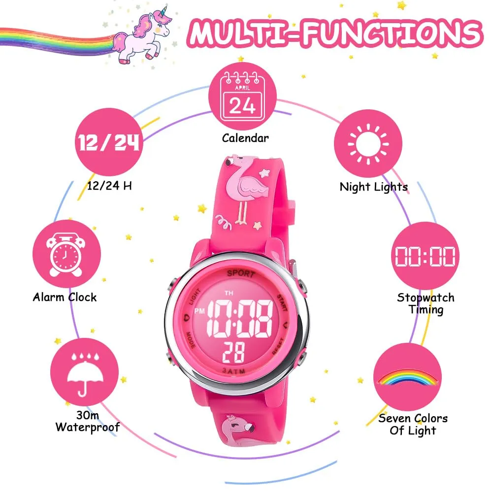Vicloon Orologio Digitale per Bambini, Waterproof, Retroilluminazione a 7 Colori, Fenicottero - immagine 4