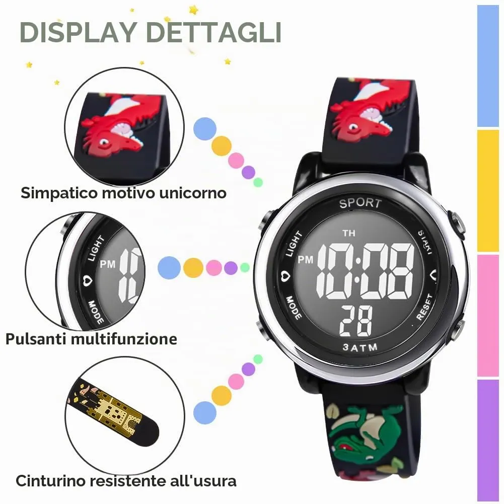 Vicloon Orologio Digitale per Bambini, Design Unicorno 3D, Waterproof, Retroilluminazione a 7 Colori - immagine 3