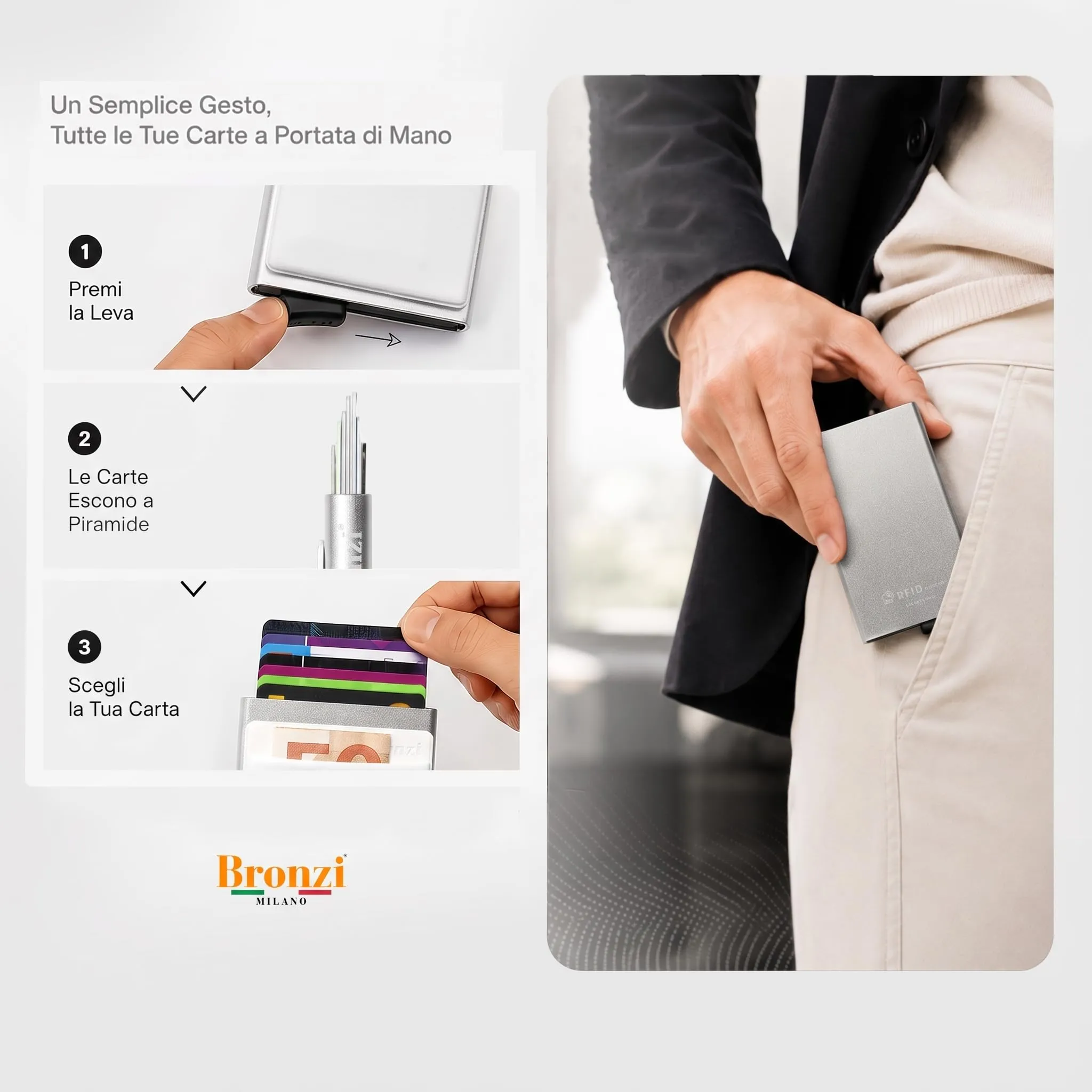 Bronzi Portafoglio Porta Badge Slim RFID Argento - immagine 3