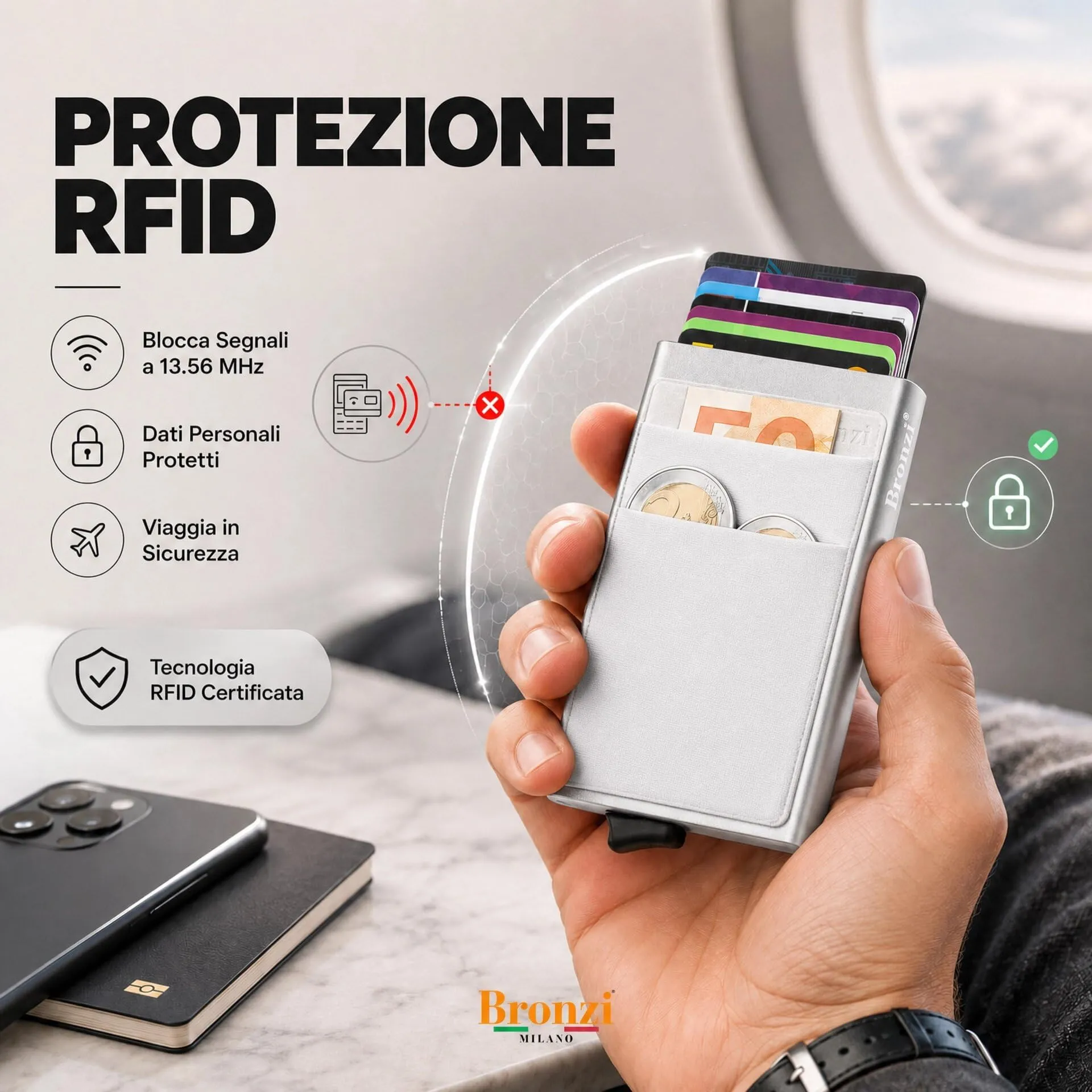 Bronzi Portafoglio Porta Badge Slim RFID Argento - immagine 4