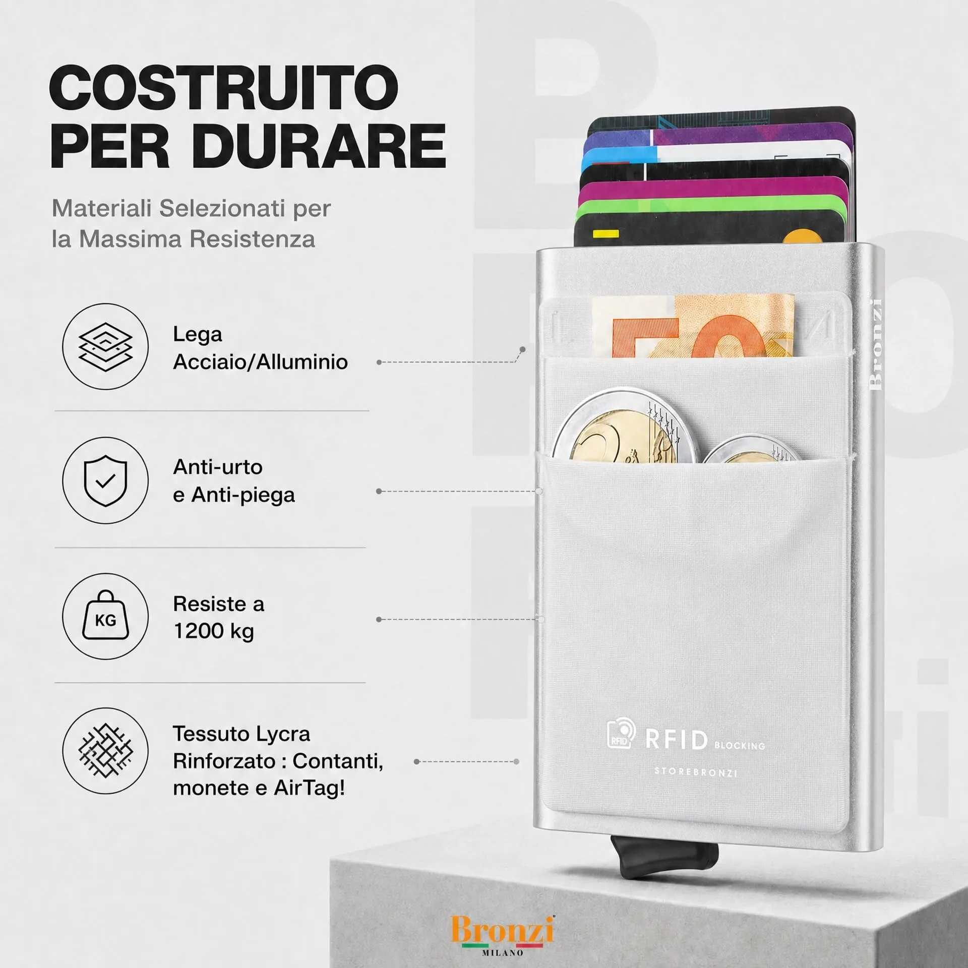 Bronzi Portafoglio Porta Badge Slim RFID Argento - immagine 5