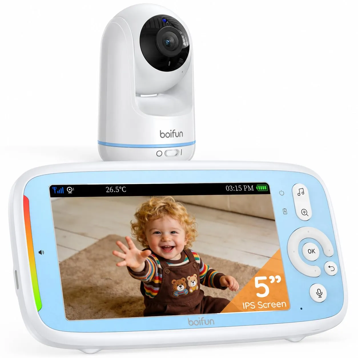 BOIFUN VB805 Baby Monitor, Schermo IPS 5”, Telecamera Rotante 360°, Audio Bidirezionale, Rilevamento Temperatura, Batteria 3050mAh, Zoom 3X, Visione Notturna, Modalità VOX, Ninne Nanne - immagine 1