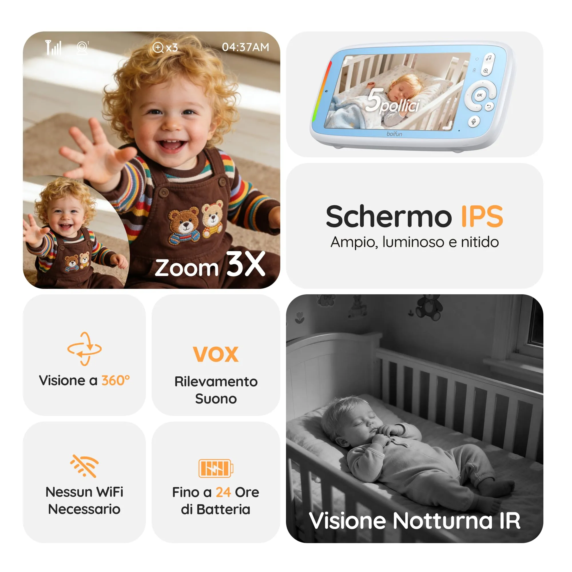 BOIFUN VB805 Baby Monitor, Schermo IPS 5”, Telecamera Rotante 360°, Audio Bidirezionale, Rilevamento Temperatura, Batteria 3050mAh, Zoom 3X, Visione Notturna, Modalità VOX, Ninne Nanne - immagine 2