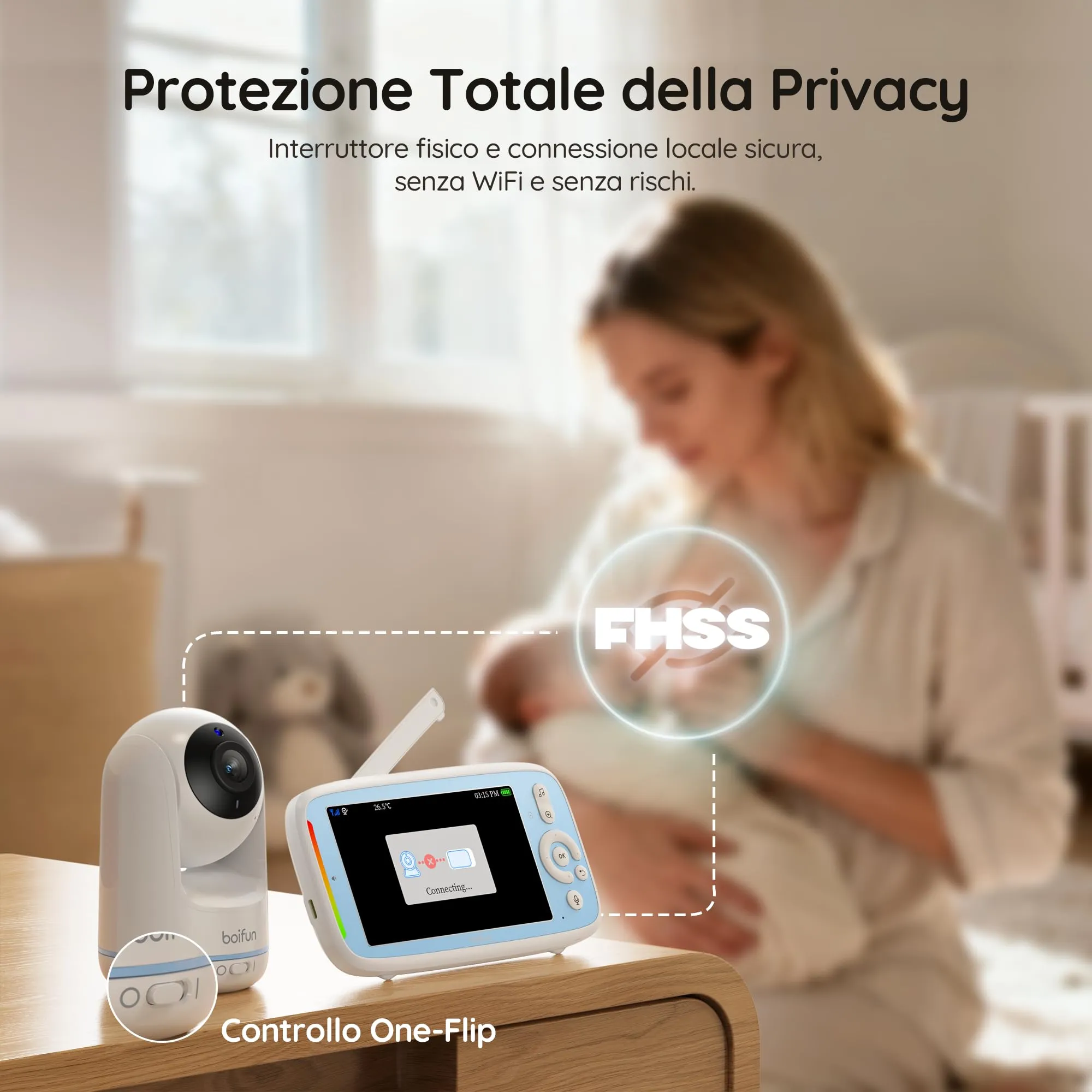 BOIFUN VB805 Baby Monitor, Schermo IPS 5”, Telecamera Rotante 360°, Audio Bidirezionale, Rilevamento Temperatura, Batteria 3050mAh, Zoom 3X, Visione Notturna, Modalità VOX, Ninne Nanne - immagine 4