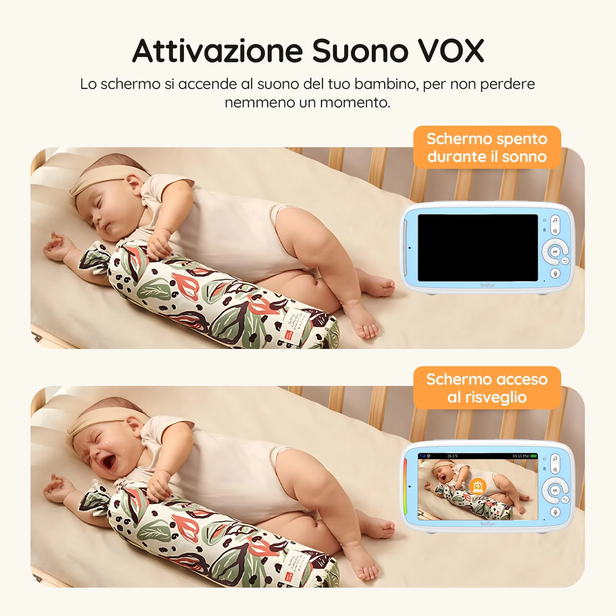 BOIFUN VB805 Baby Monitor, Schermo IPS 5”, Telecamera Rotante 360°, Audio Bidirezionale, Rilevamento Temperatura, Batteria 3050mAh, Zoom 3X, Visione Notturna, Modalità VOX, Ninne Nanne - immagine 5