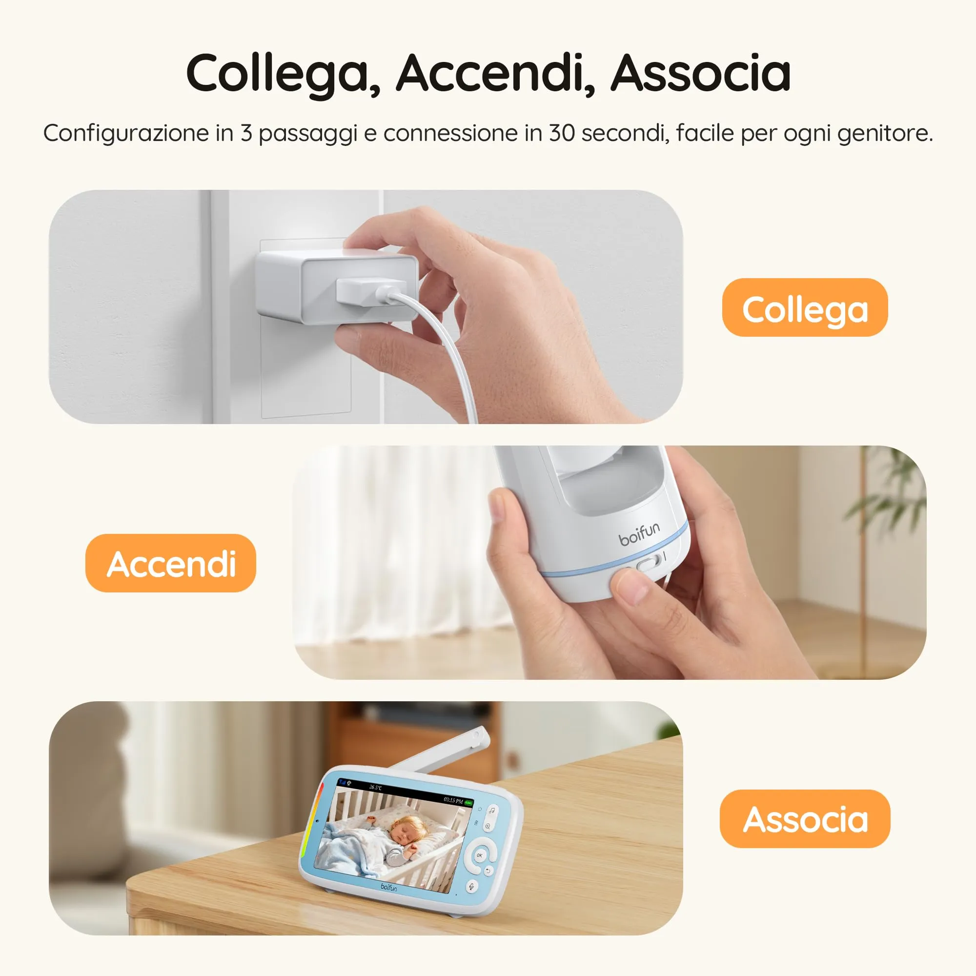 BOIFUN VB805 Baby Monitor, Schermo IPS 5”, Telecamera Rotante 360°, Audio Bidirezionale, Rilevamento Temperatura, Batteria 3050mAh, Zoom 3X, Visione Notturna, Modalità VOX, Ninne Nanne - immagine 6