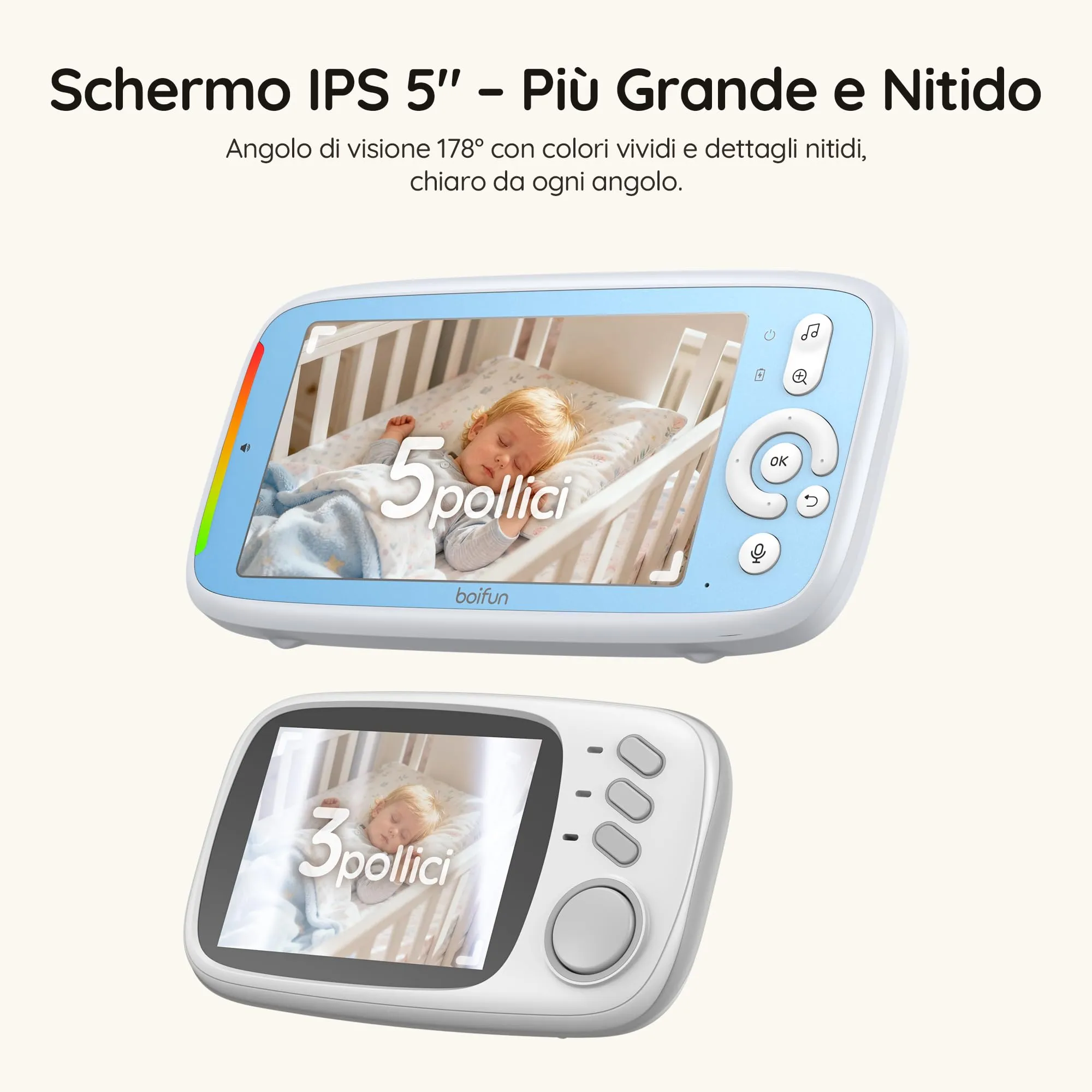 BOIFUN VB805 Baby Monitor, Schermo IPS 5”, Telecamera Rotante 360°, Audio Bidirezionale, Rilevamento Temperatura, Batteria 3050mAh, Zoom 3X, Visione Notturna, Modalità VOX, Ninne Nanne - immagine 7