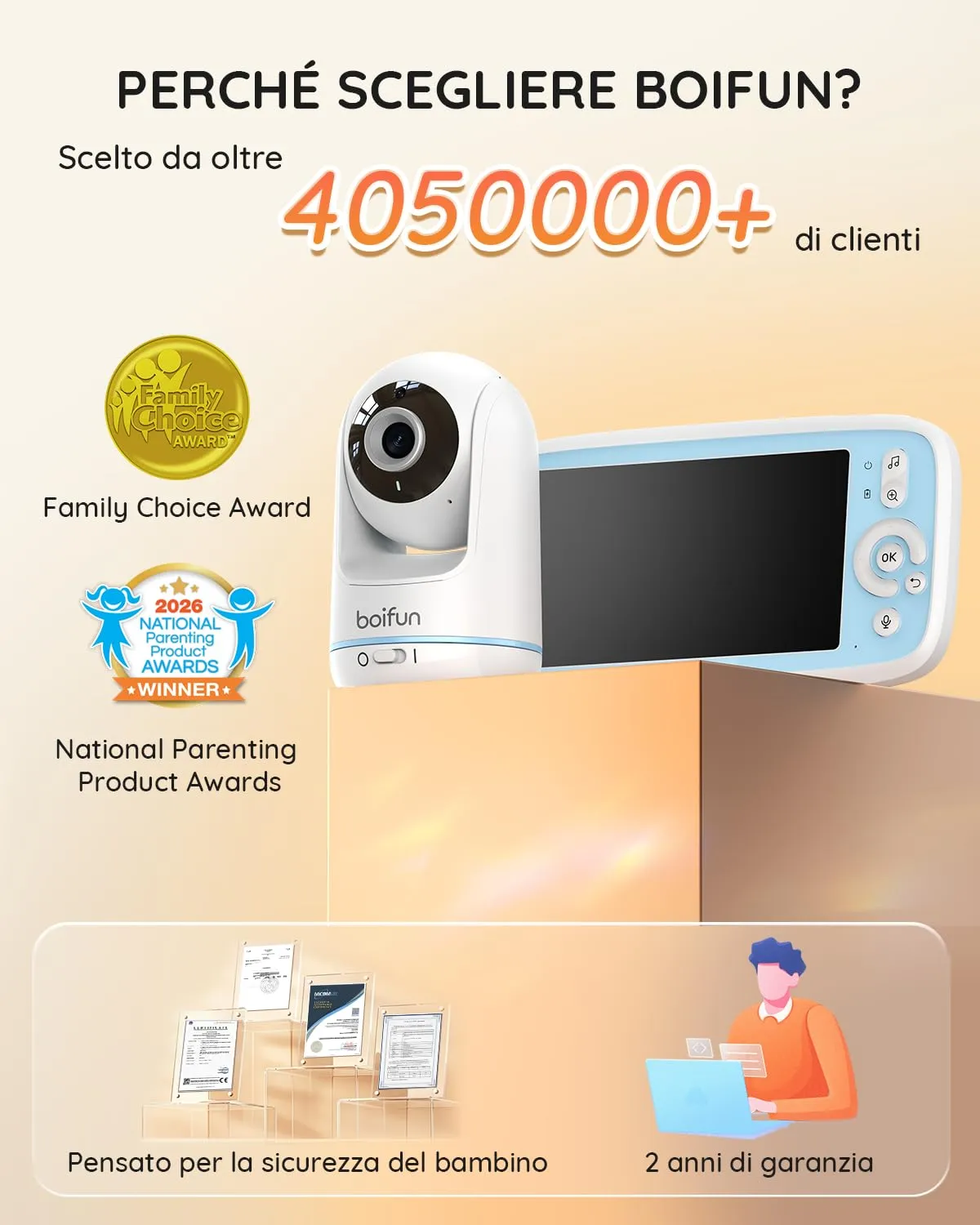 BOIFUN VB805 Baby Monitor, Schermo IPS 5”, Telecamera Rotante 360°, Audio Bidirezionale, Rilevamento Temperatura, Batteria 3050mAh, Zoom 3X, Visione Notturna, Modalità VOX, Ninne Nanne - immagine 10