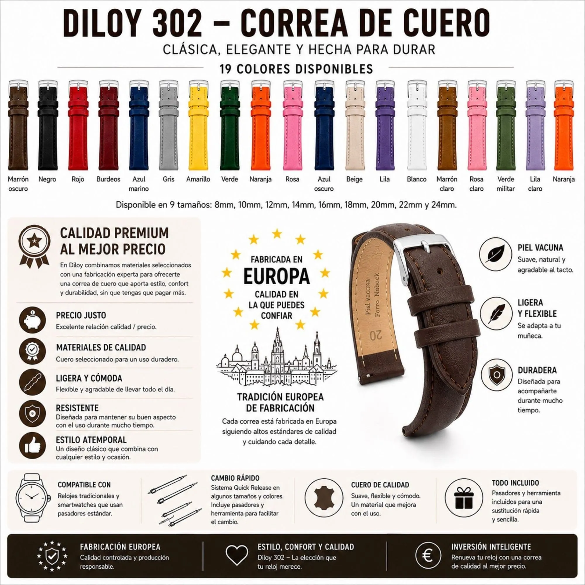 diloy Cinturino Orologio in Pelle Liscia Bombata 302 Marrone Medio 20mm - immagine 5